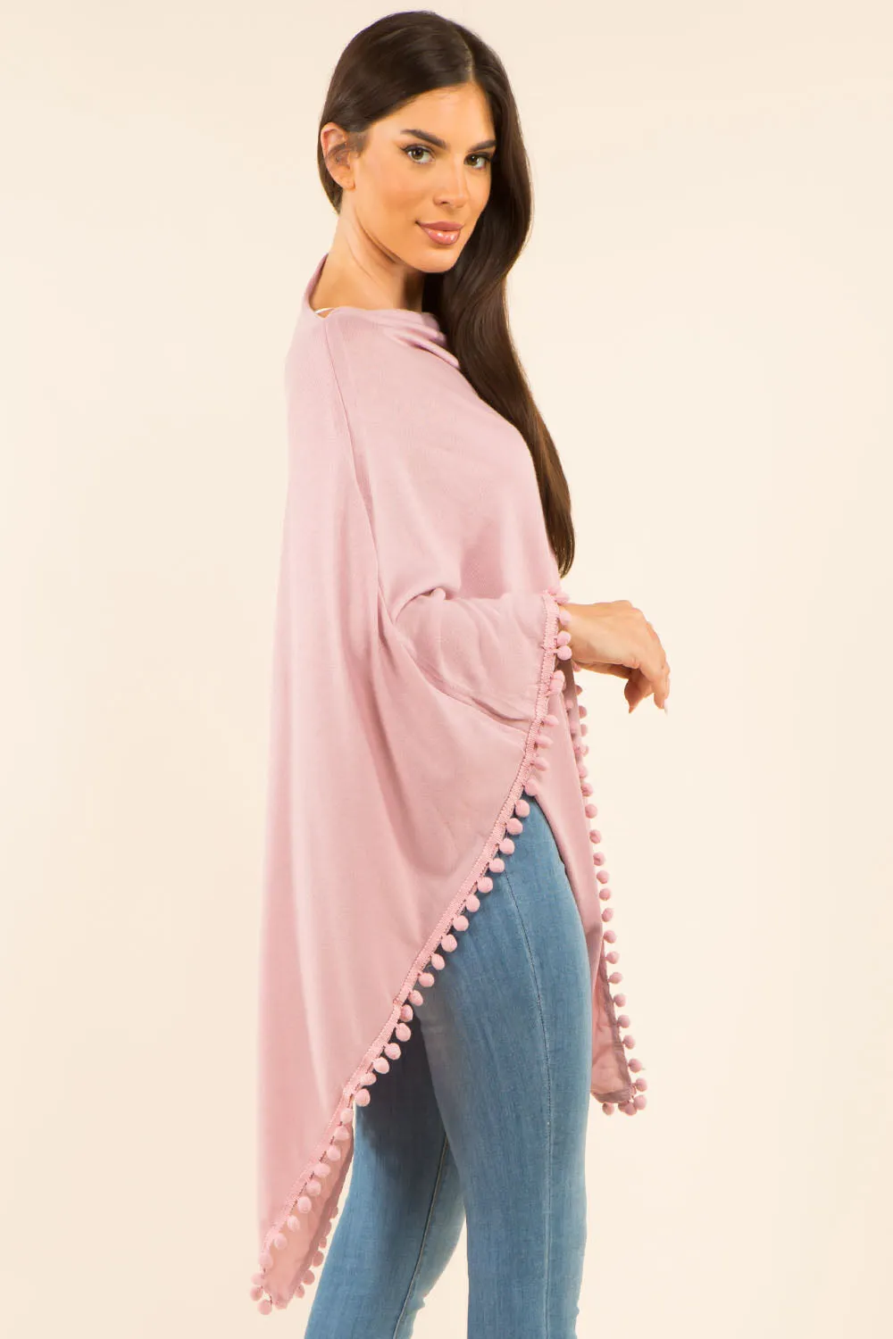 PA-9442 solid poncho with pompom