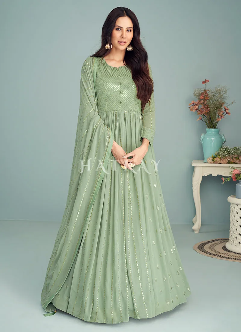 Pastel Green Embroidered Georgette Anarkali Suit