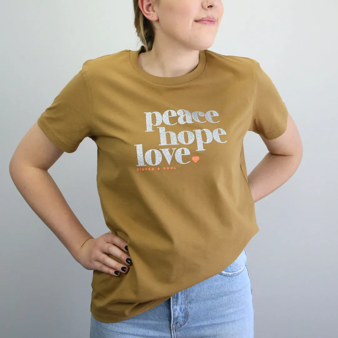 Peace Hope Love - Boxy Tee - Camel with Silver Glitter Print