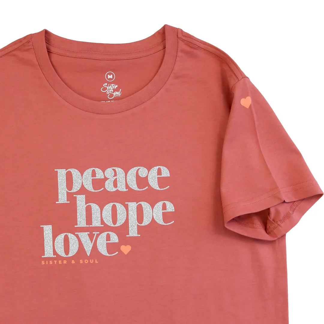 Peace Hope Love - Boxy Tee - Coral with Silver Glitter Print