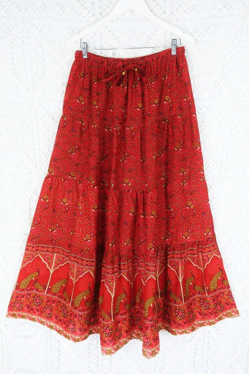 Peacock Prairie Skirt in Berry Red - Free Size