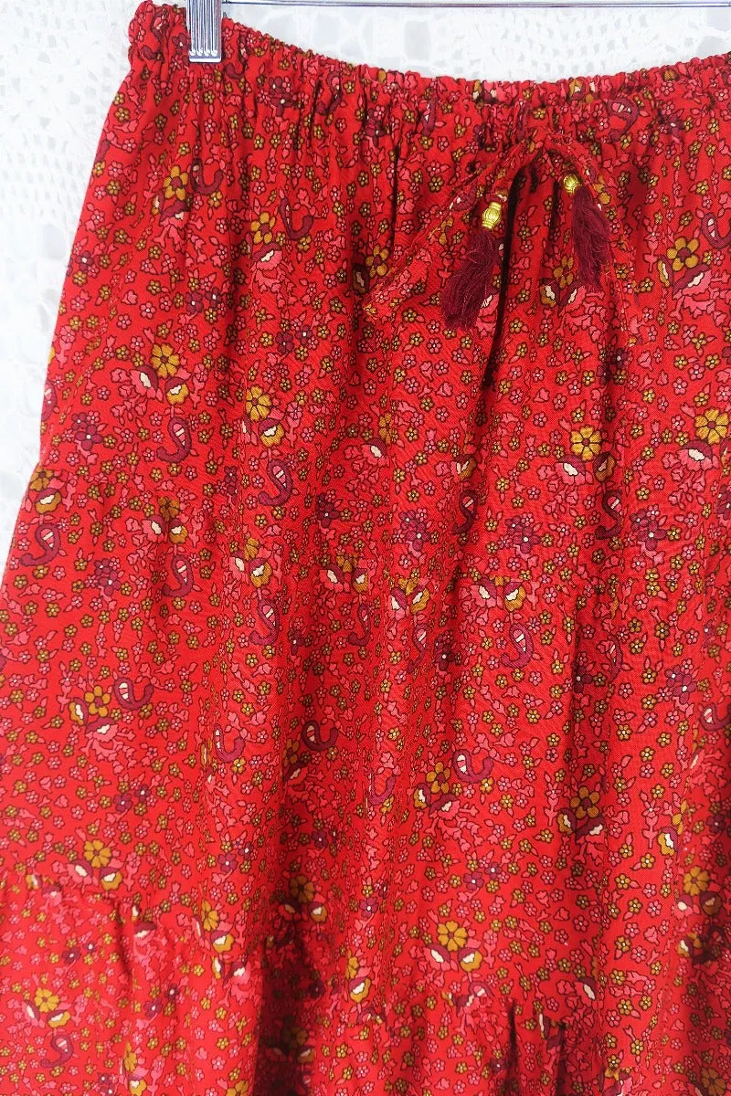 Peacock Prairie Skirt in Berry Red - Free Size