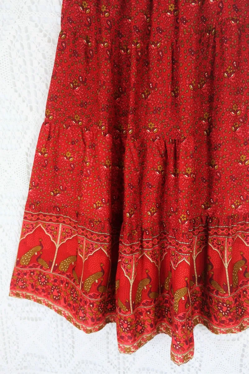 Peacock Prairie Skirt in Berry Red - Free Size