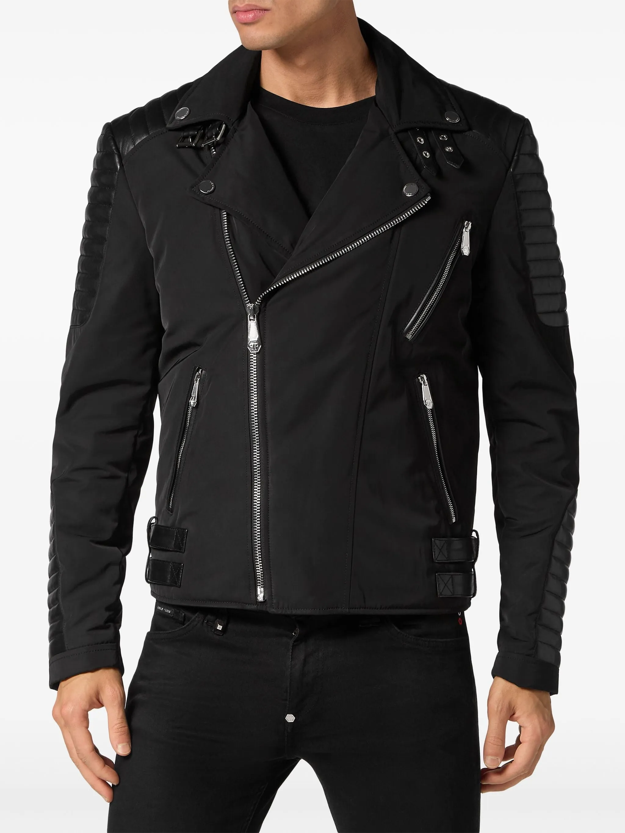 PHILIPP PLEIN PADDED-DETAIL LEATHER BIKER JACKET