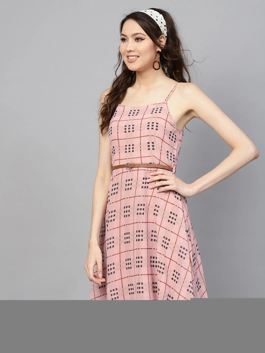 Pink Check Strappy Flared Dress