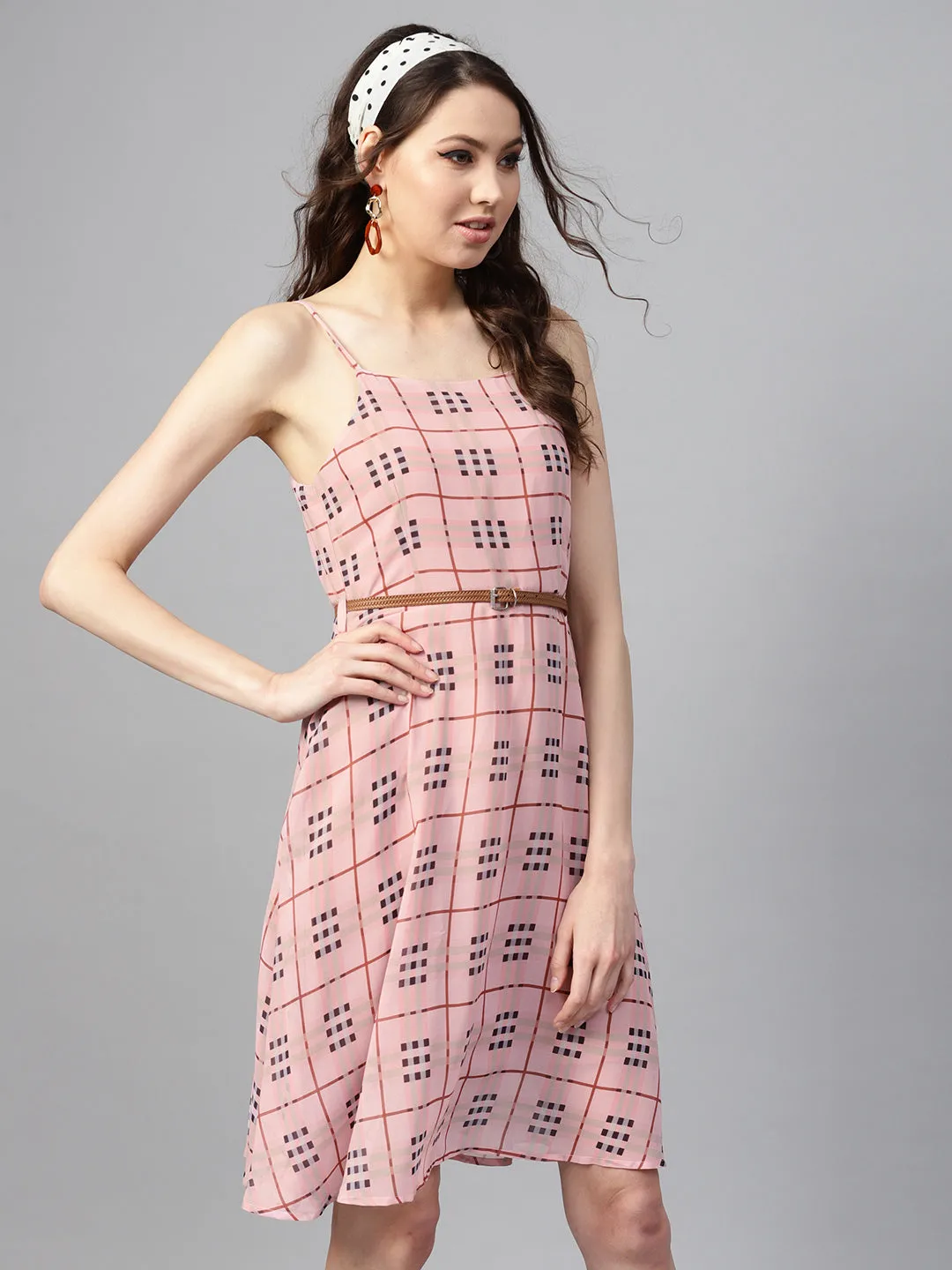 Pink Check Strappy Flared Dress