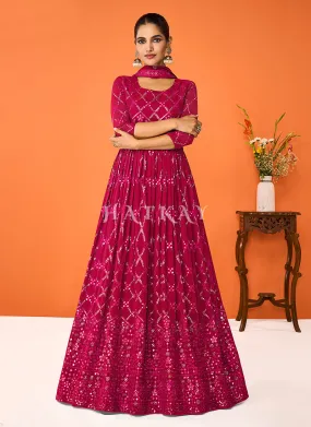 Pink Mirror Work Embroidered Party Wear Anarkali Suit