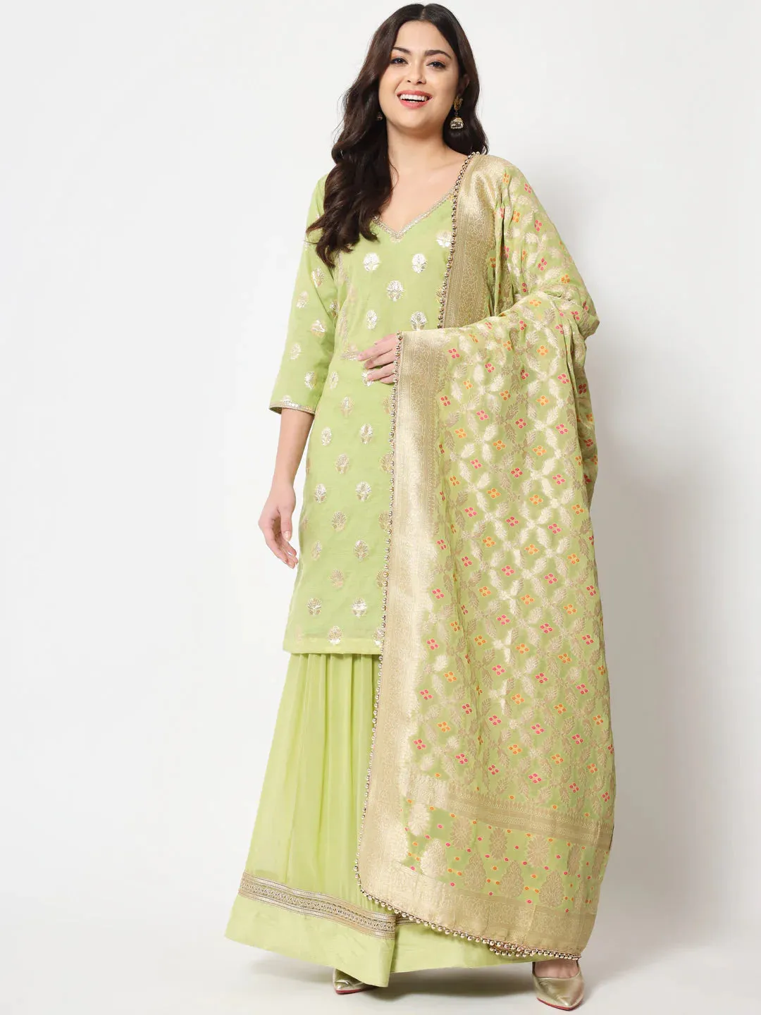 Pista Green Chanderi Foil Print Krta with Chinon Sharara and Georgette Banarasi Dupatta Set