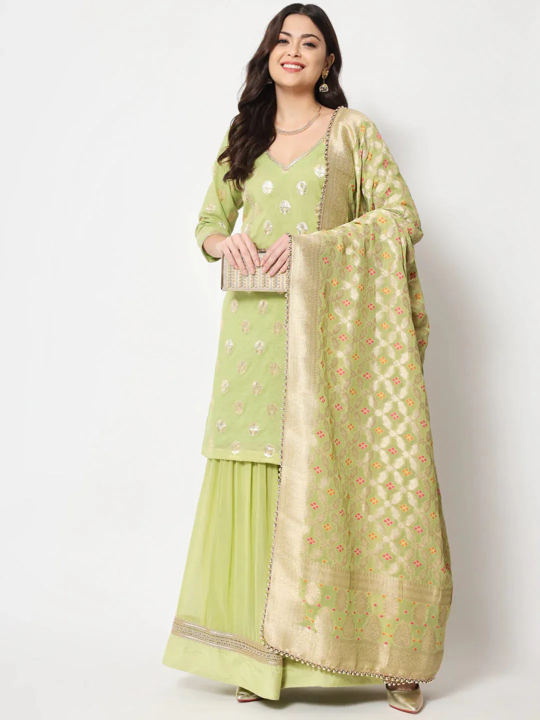 Pista Green Chanderi Foil Print Krta with Chinon Sharara and Georgette Banarasi Dupatta Set