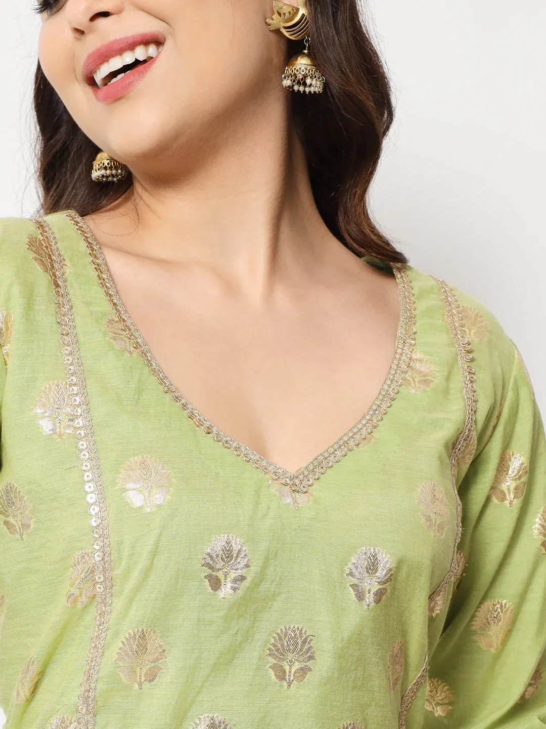 Pista Green Chanderi Foil Print Krta with Chinon Sharara and Georgette Banarasi Dupatta Set