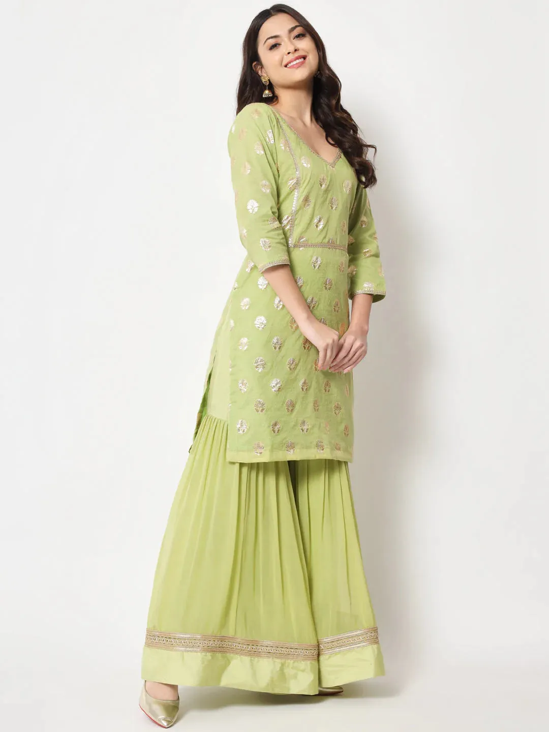 Pista Green Chanderi Foil Print Krta with Chinon Sharara and Georgette Banarasi Dupatta Set