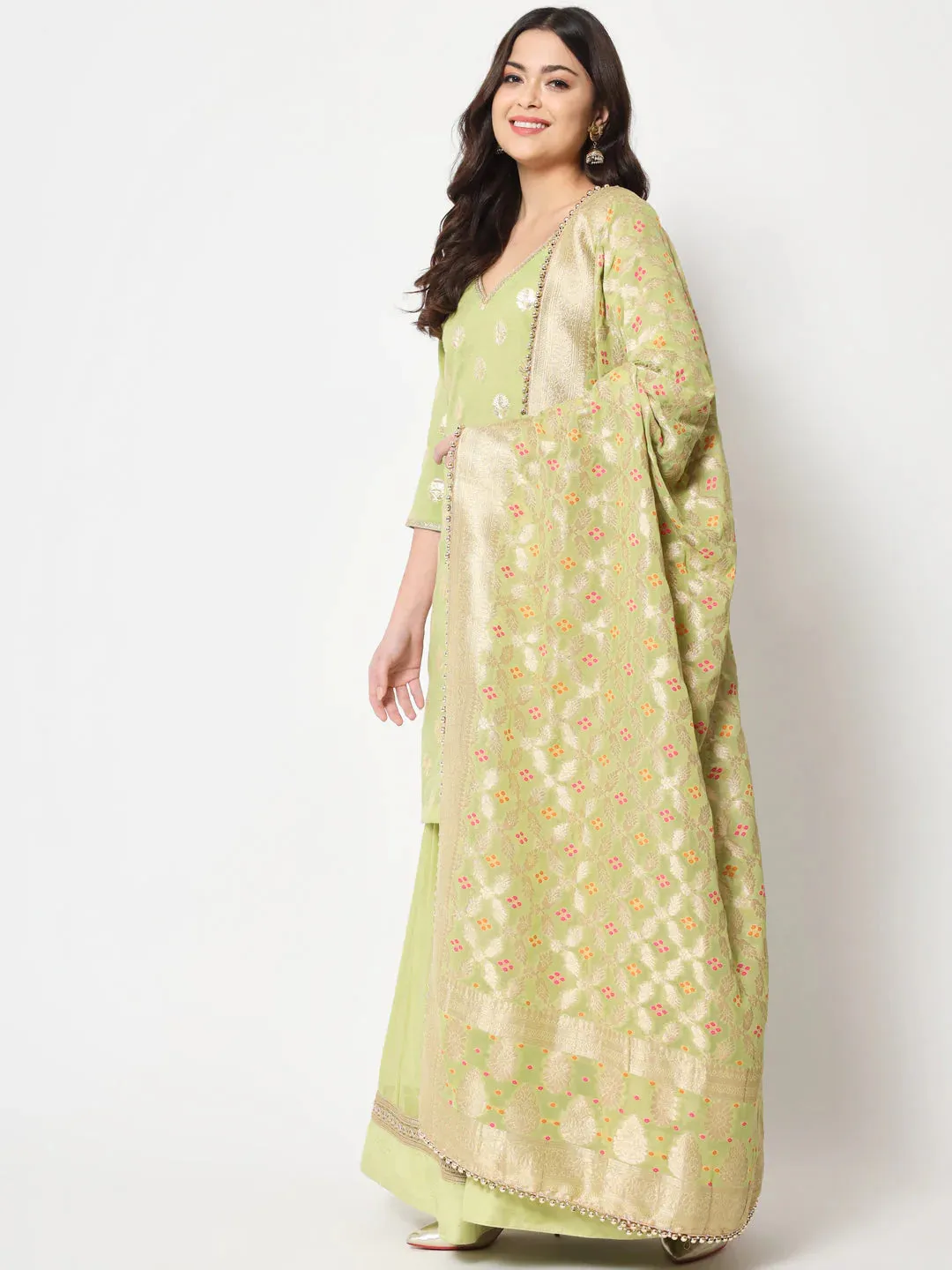 Pista Green Chanderi Foil Print Krta with Chinon Sharara and Georgette Banarasi Dupatta Set