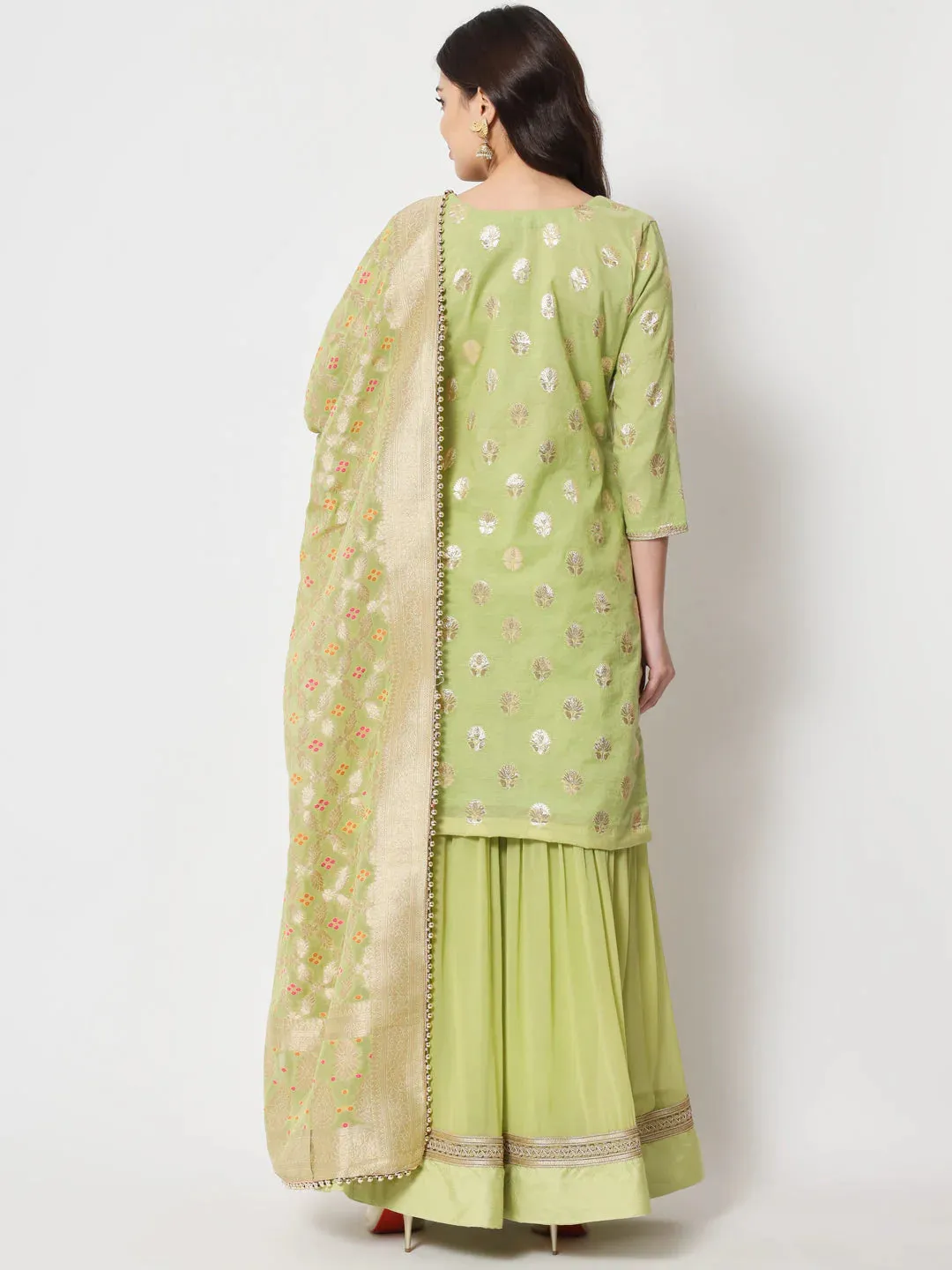 Pista Green Chanderi Foil Print Krta with Chinon Sharara and Georgette Banarasi Dupatta Set