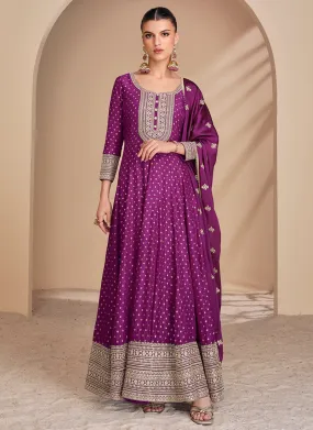 Plum Purple Embroidery Silk Anarkali Suit