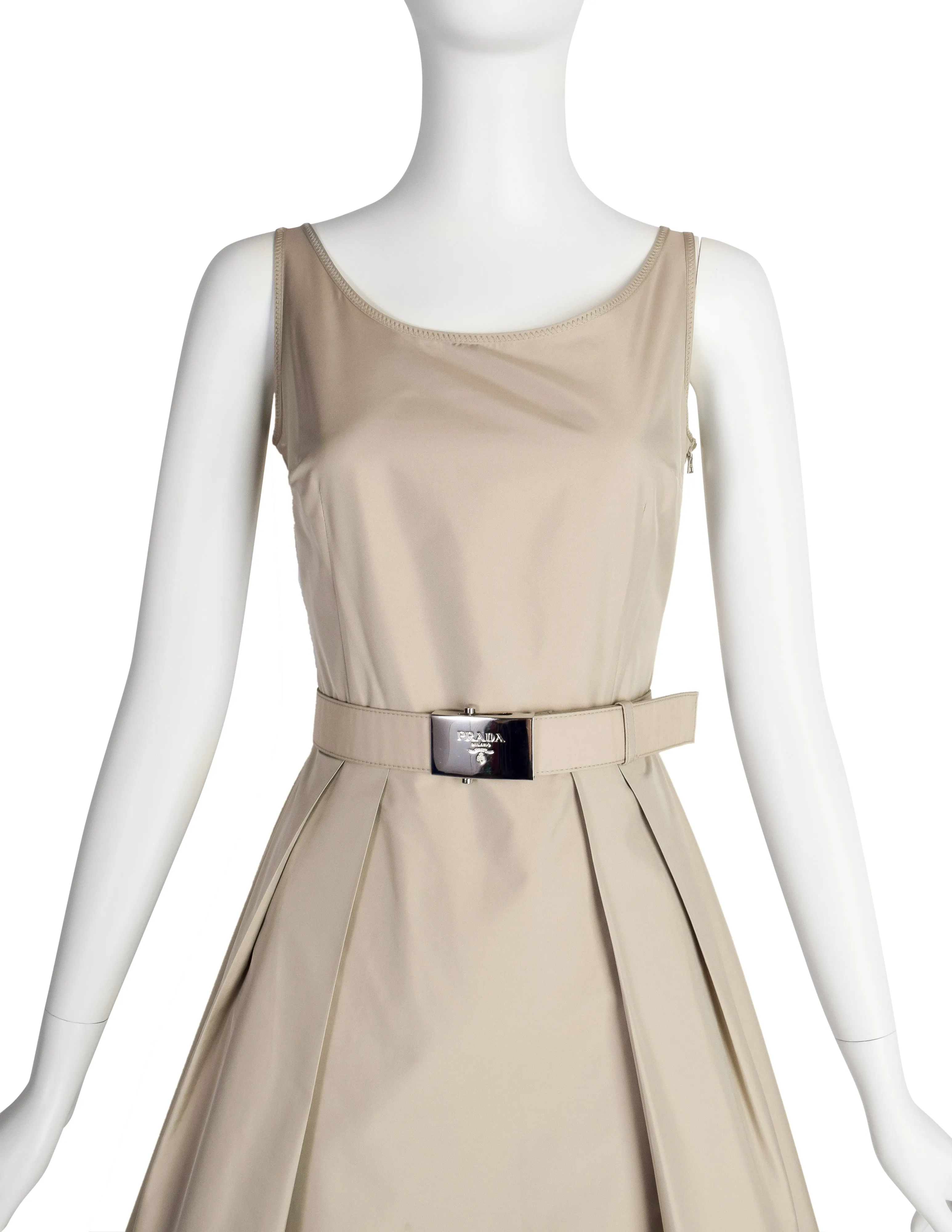 Prada Vintage 2007 Beige Nylon Fit and Flare Mini Dress with Belt