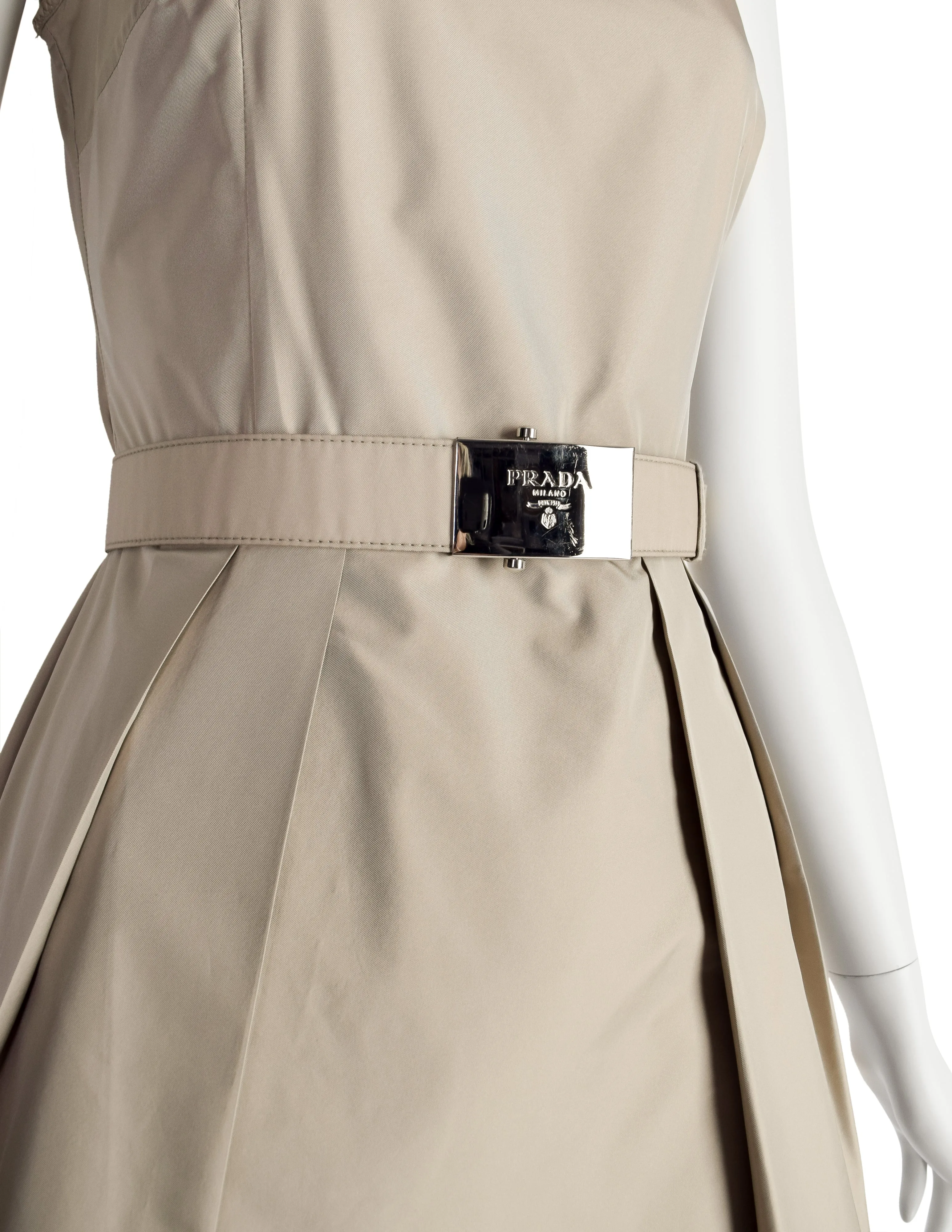 Prada Vintage 2007 Beige Nylon Fit and Flare Mini Dress with Belt