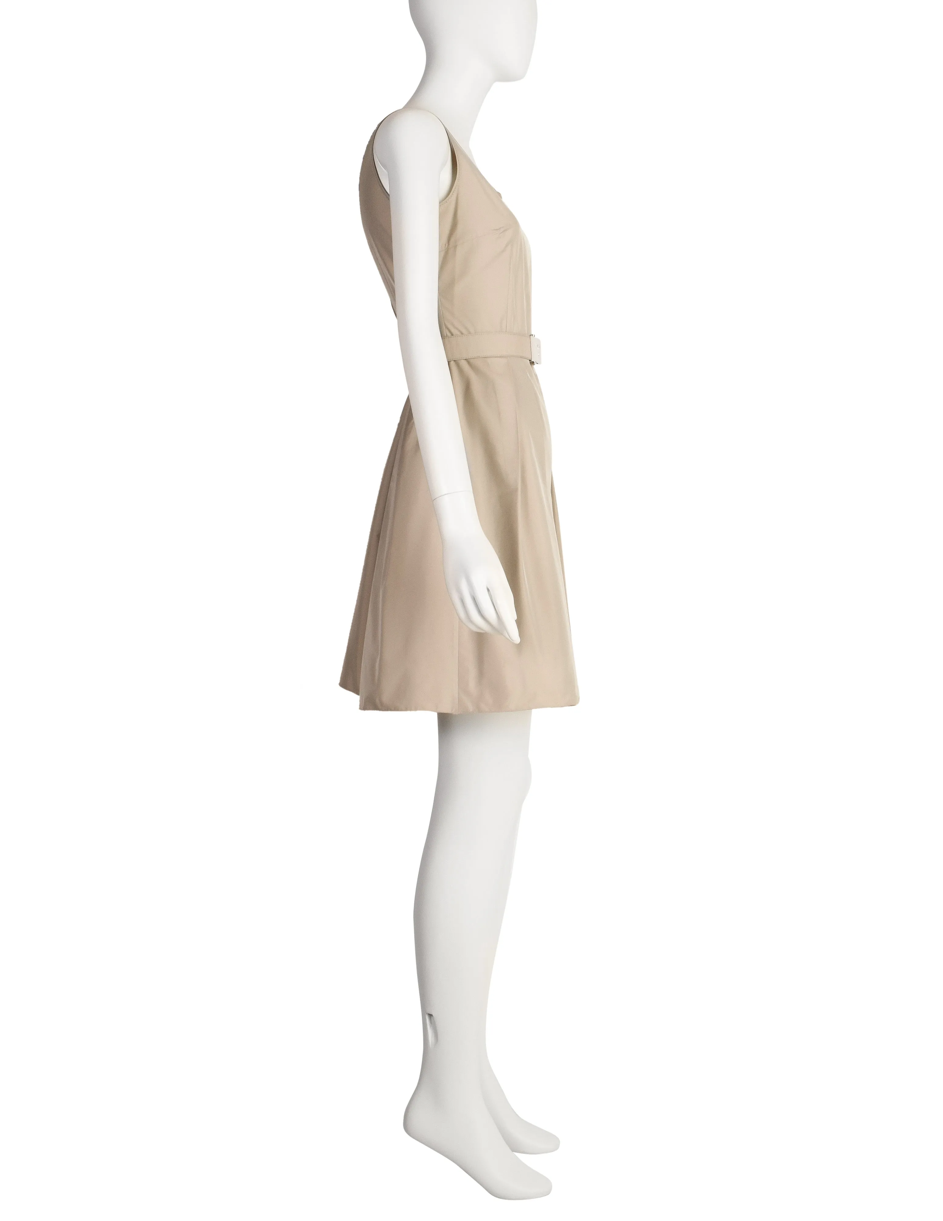 Prada Vintage 2007 Beige Nylon Fit and Flare Mini Dress with Belt