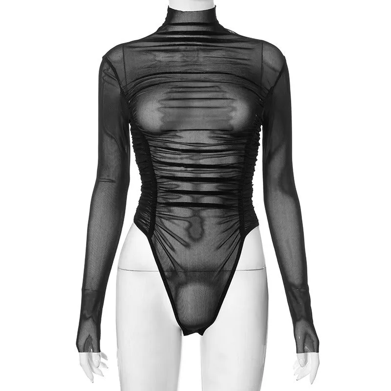 Pre Order:  Solid Pleated Underwear Mesh Tight Jumpsuit