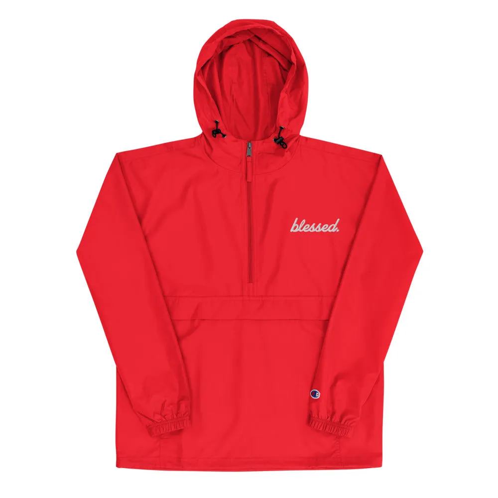 Red Cursive Blessed Embroidered Champion Packable Jacket