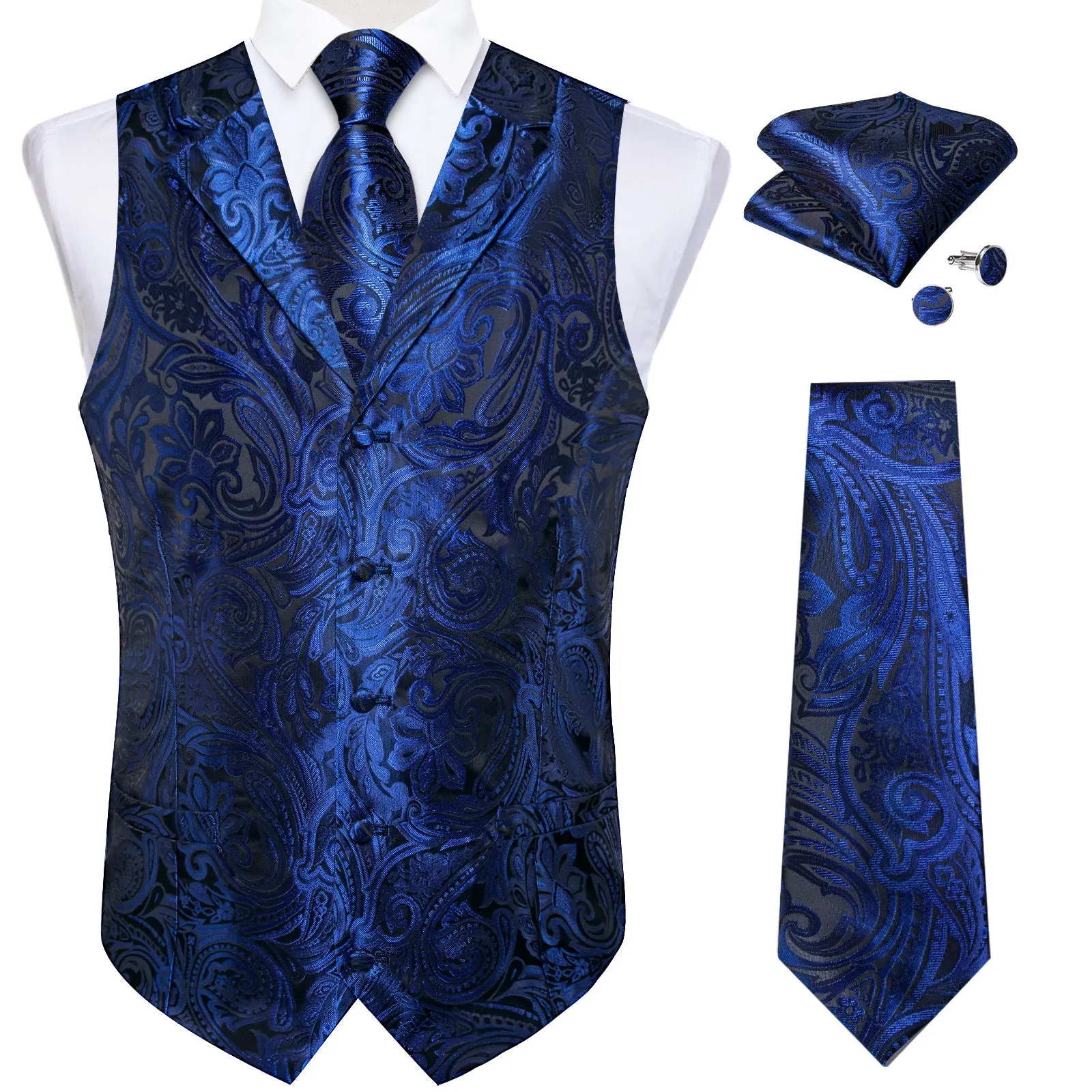 Royal Blue Paisley Men's Collar Vest Tie Hanky Cufflinks Set Waistcoat Suit Set