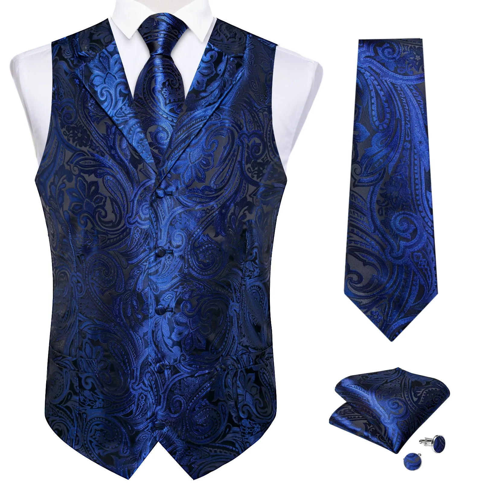 Royal Blue Paisley Men's Collar Vest Tie Hanky Cufflinks Set Waistcoat Suit Set