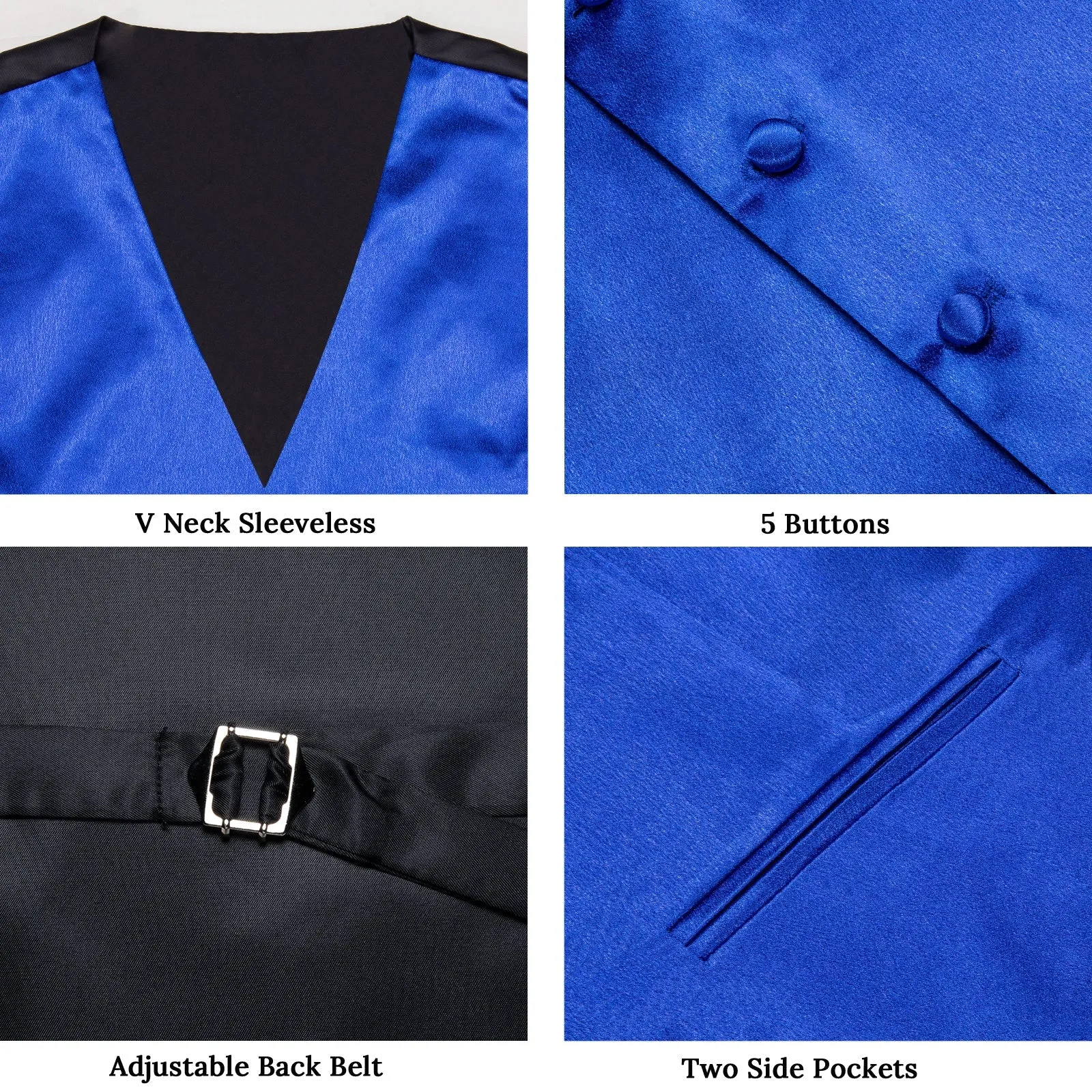 Royal Blue Solid Shining Silk Men Vest Necktie Bow Tie Handkerchief Cufflinks Set