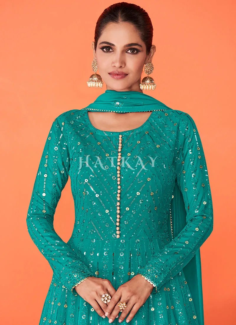 Sea Green Sequence Embroidered Flared Anarkali Suit