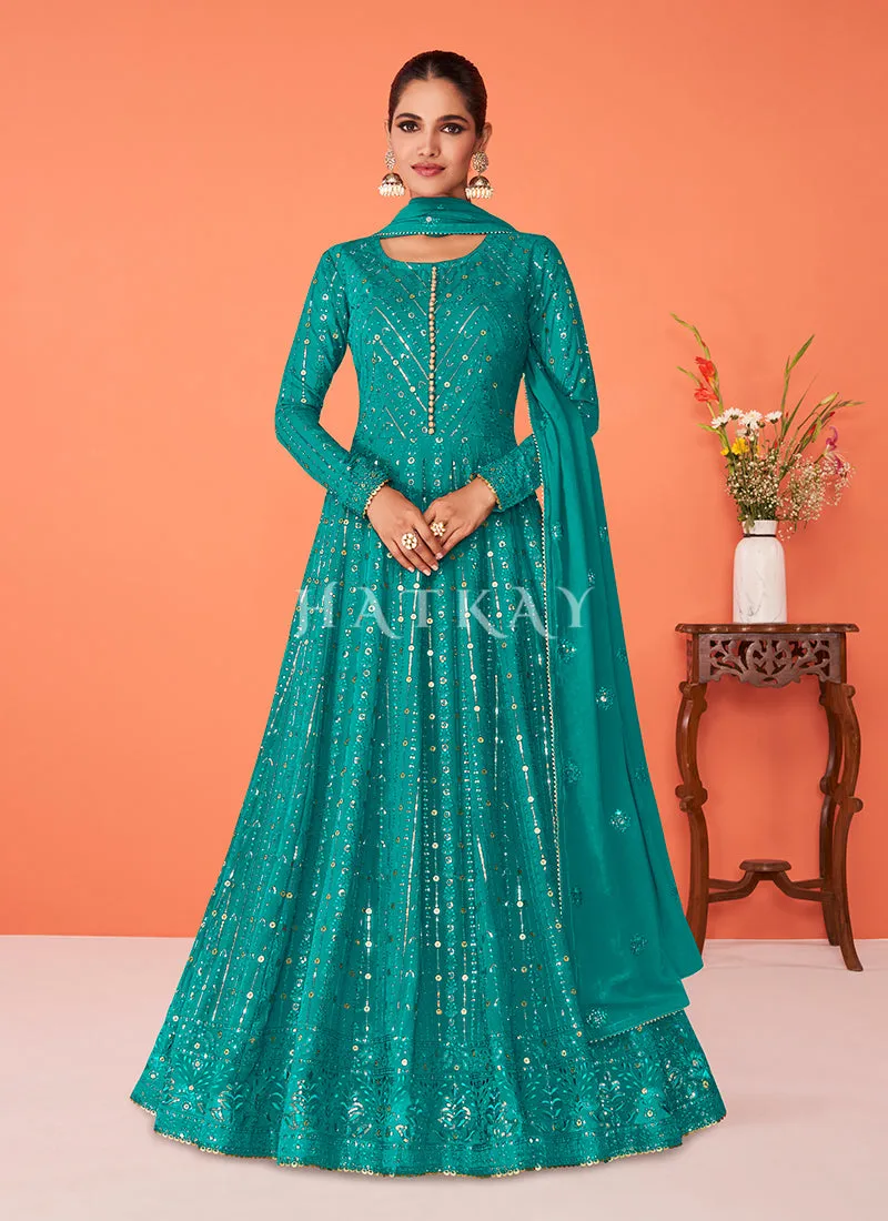 Sea Green Sequence Embroidered Flared Anarkali Suit