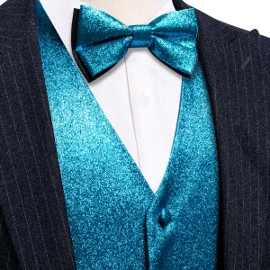 Shining Blue Solid Silk Men's Vest Bow Tie Set Waistcoat Suit Set