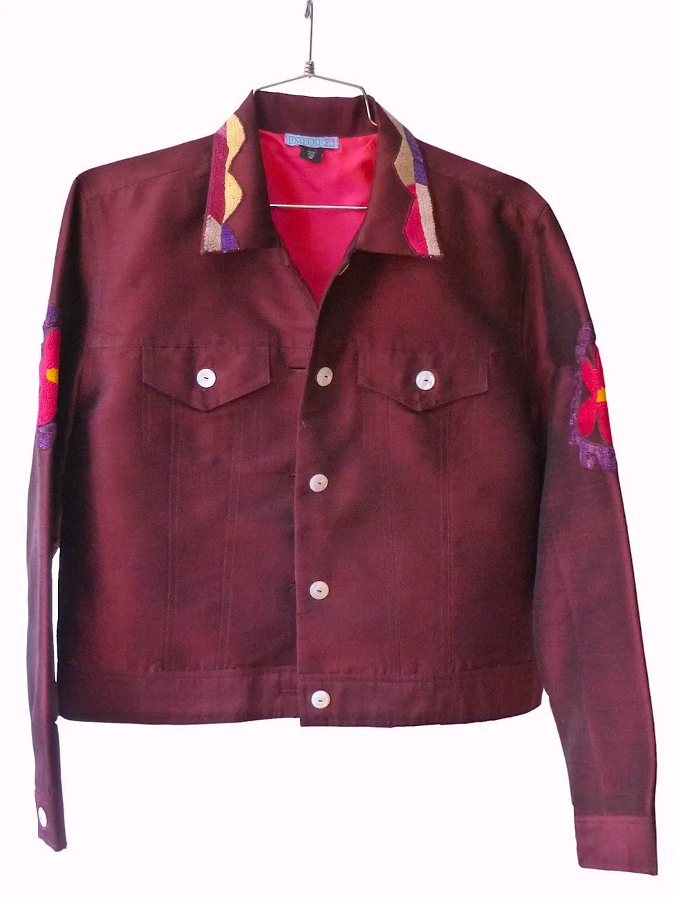 Silk Jean Jacket Vintage Suzani Eggplant Fuchsia