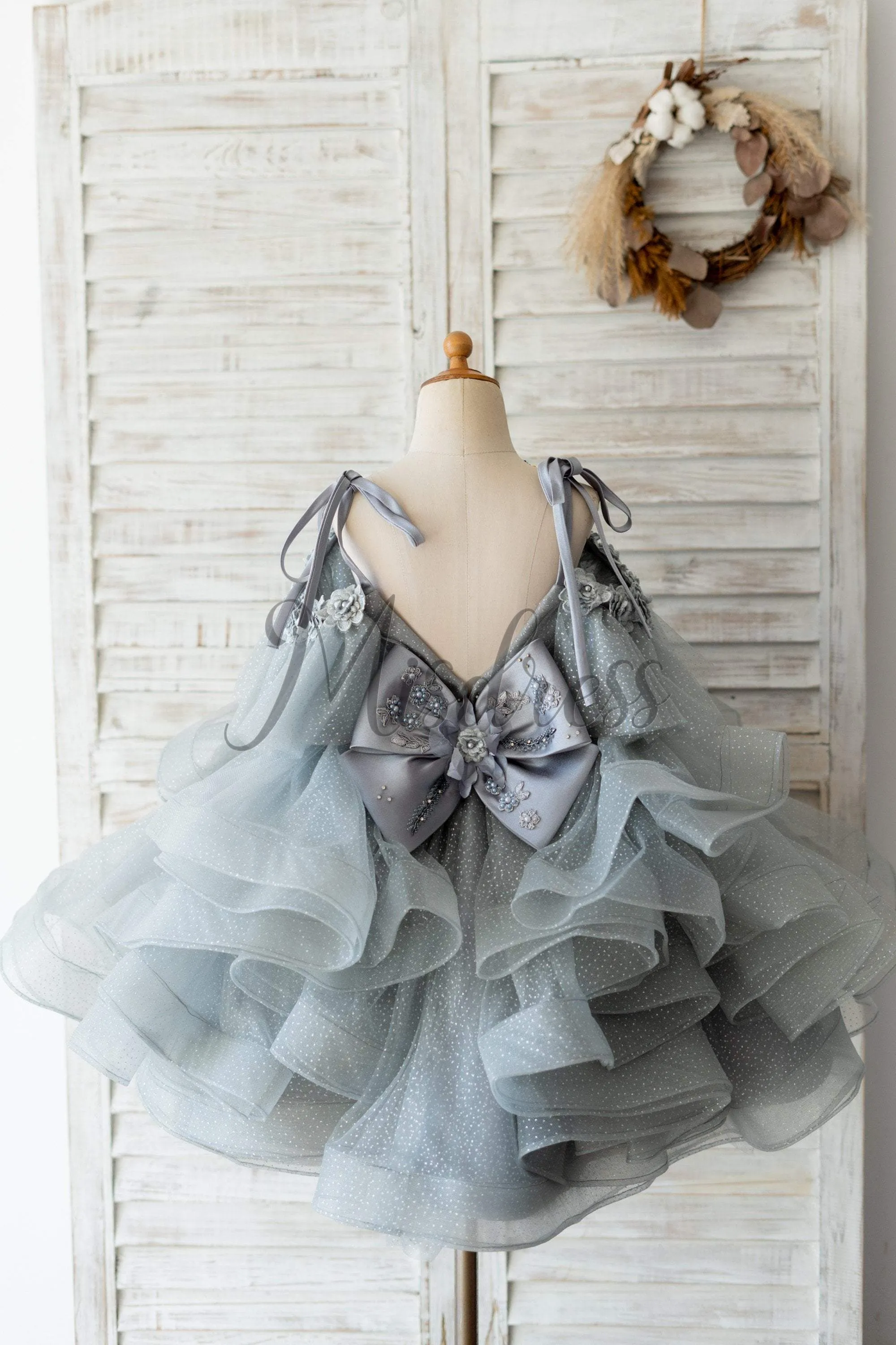 Silver Gray Glittering Tulle Straps V Back Wedding Flower Girl Dress Kids Party