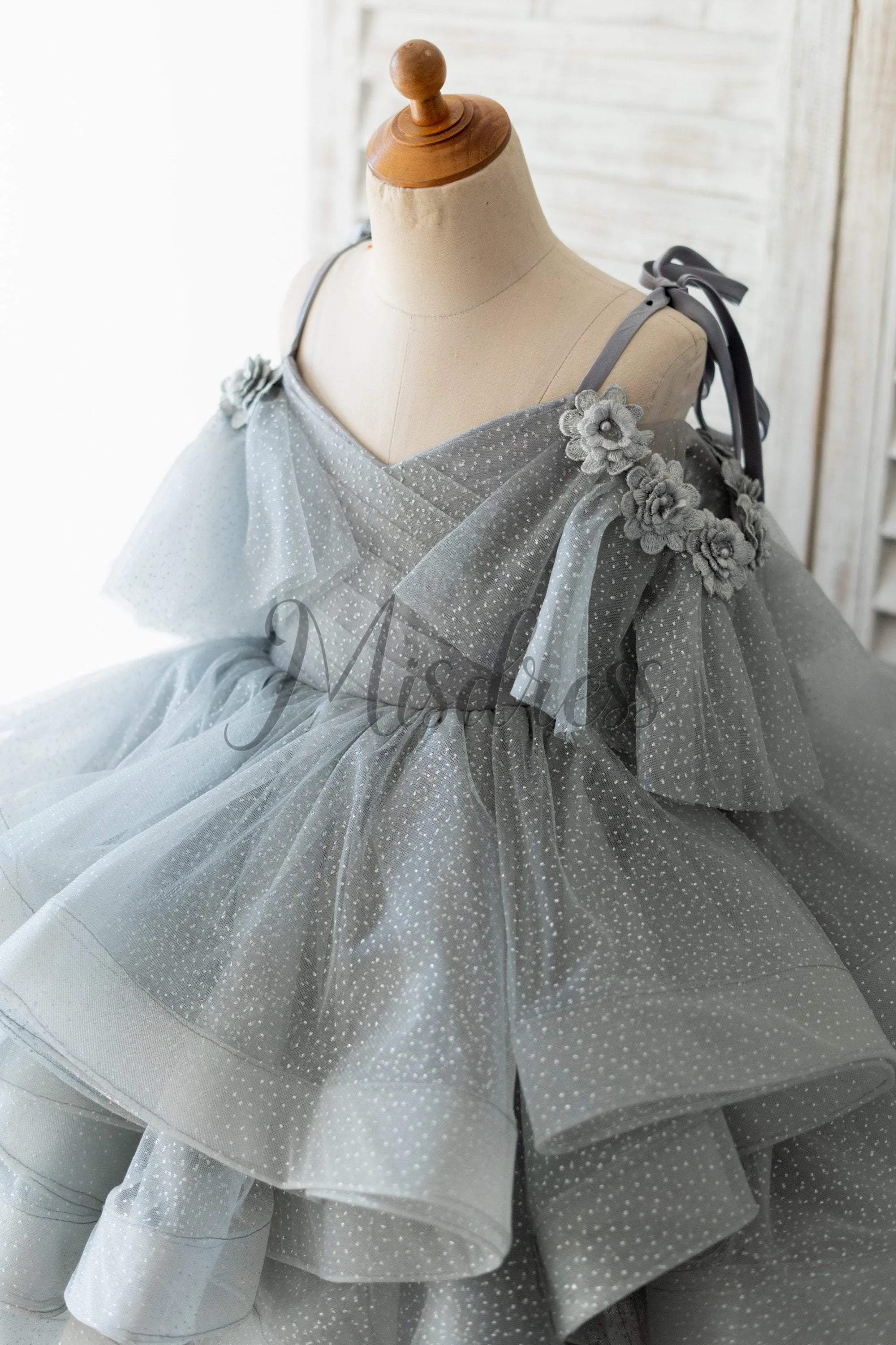 Silver Gray Glittering Tulle Straps V Back Wedding Flower Girl Dress Kids Party