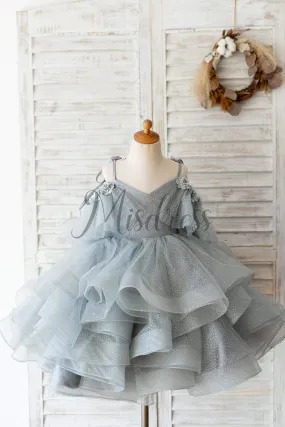 Silver Gray Glittering Tulle Straps V Back Wedding Flower Girl Dress Kids Party