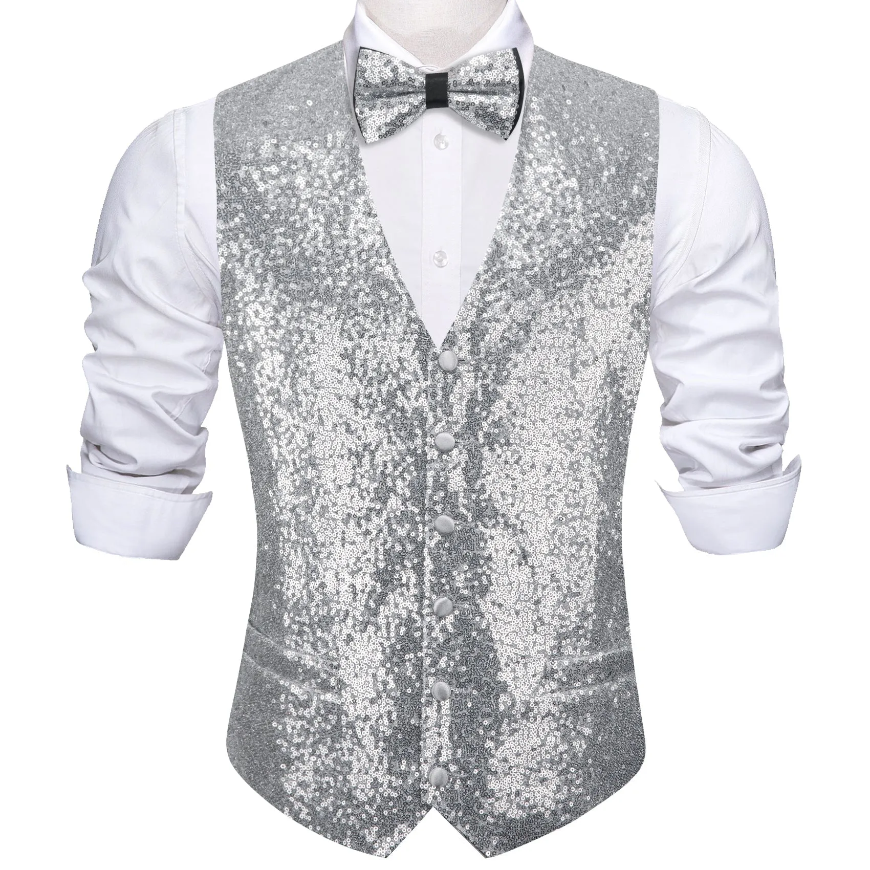 Silver Sequins Silk Men's Vest Hanky Cufflinks Bow Tie Set