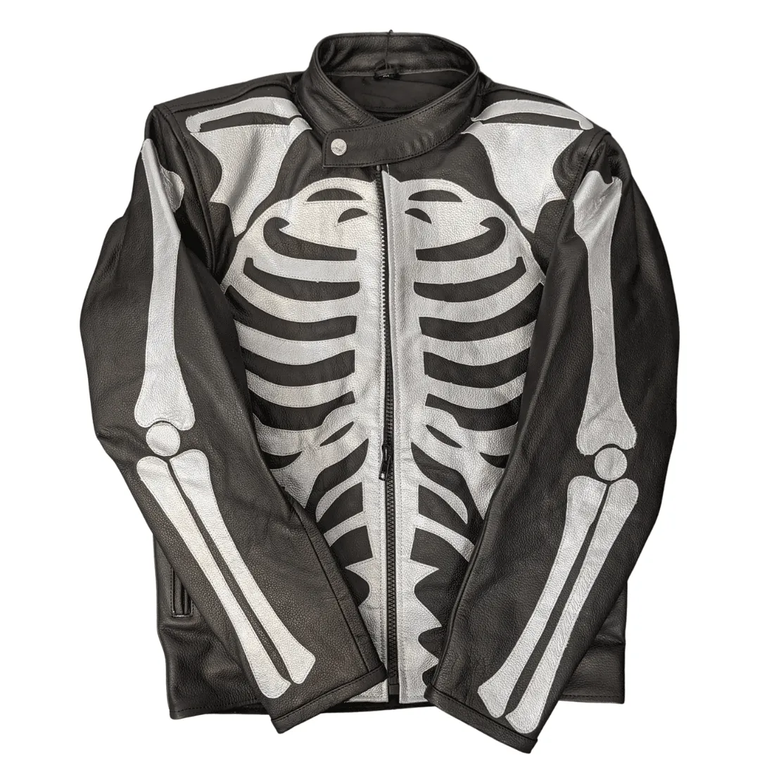 Skeleton Bones Silver on Black Leather Jacket