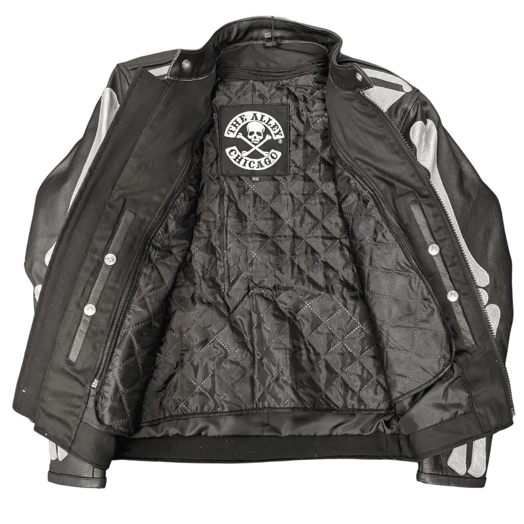 Skeleton Bones Silver on Black Leather Jacket