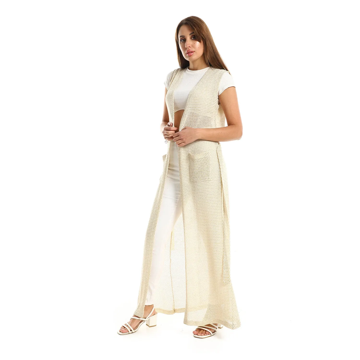 Sleeveles Perforated Long Cardigan - Kady