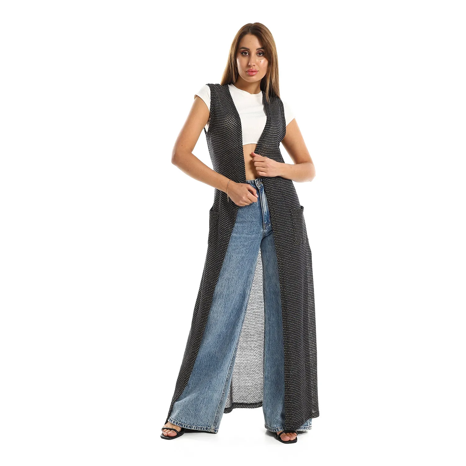 Sleeveles Perforated Long Cardigan - Kady