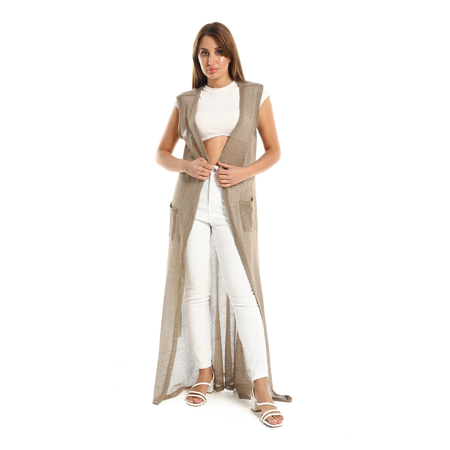 Sleeveles Perforated Long Cardigan - Kady