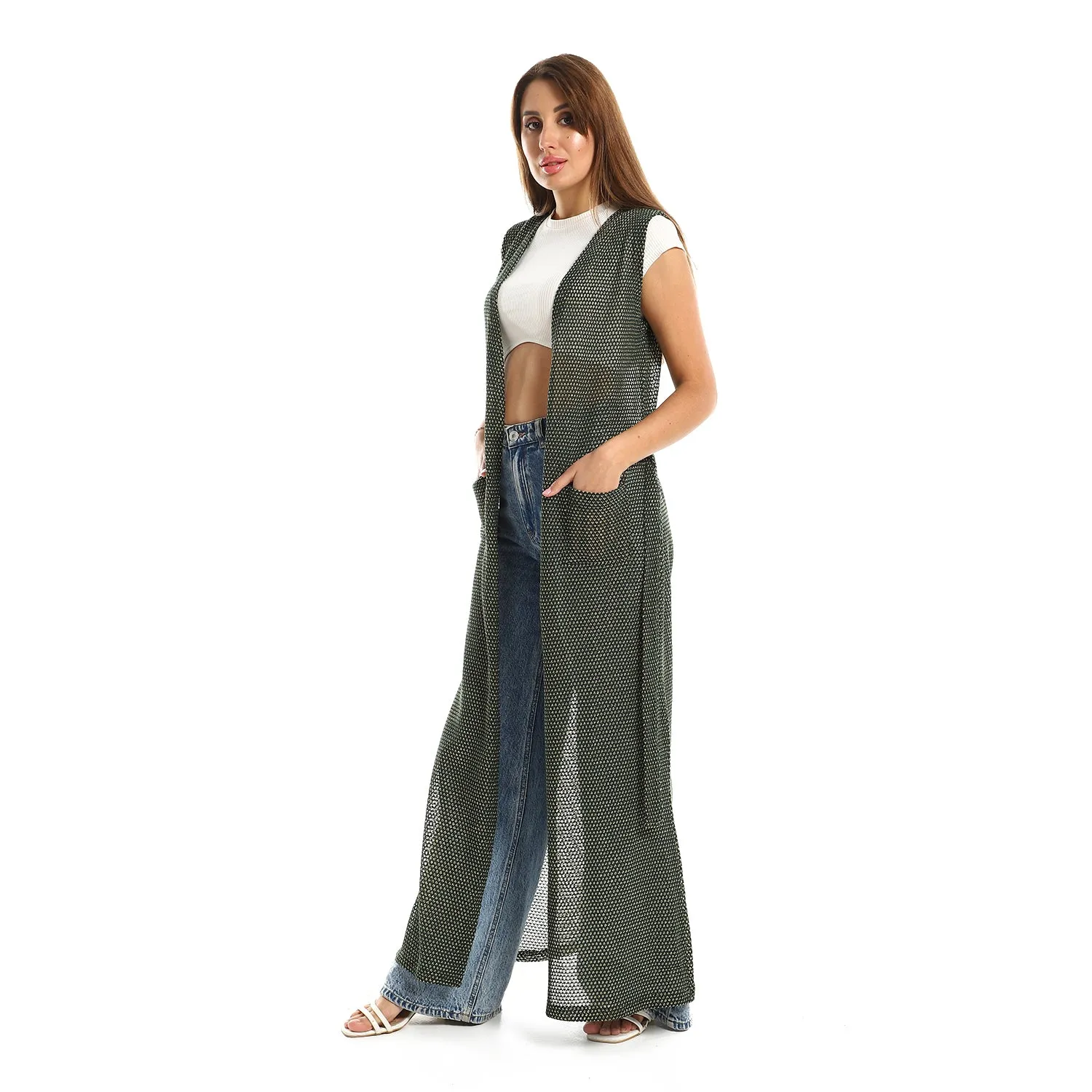 Sleeveles Perforated Long Cardigan - Kady