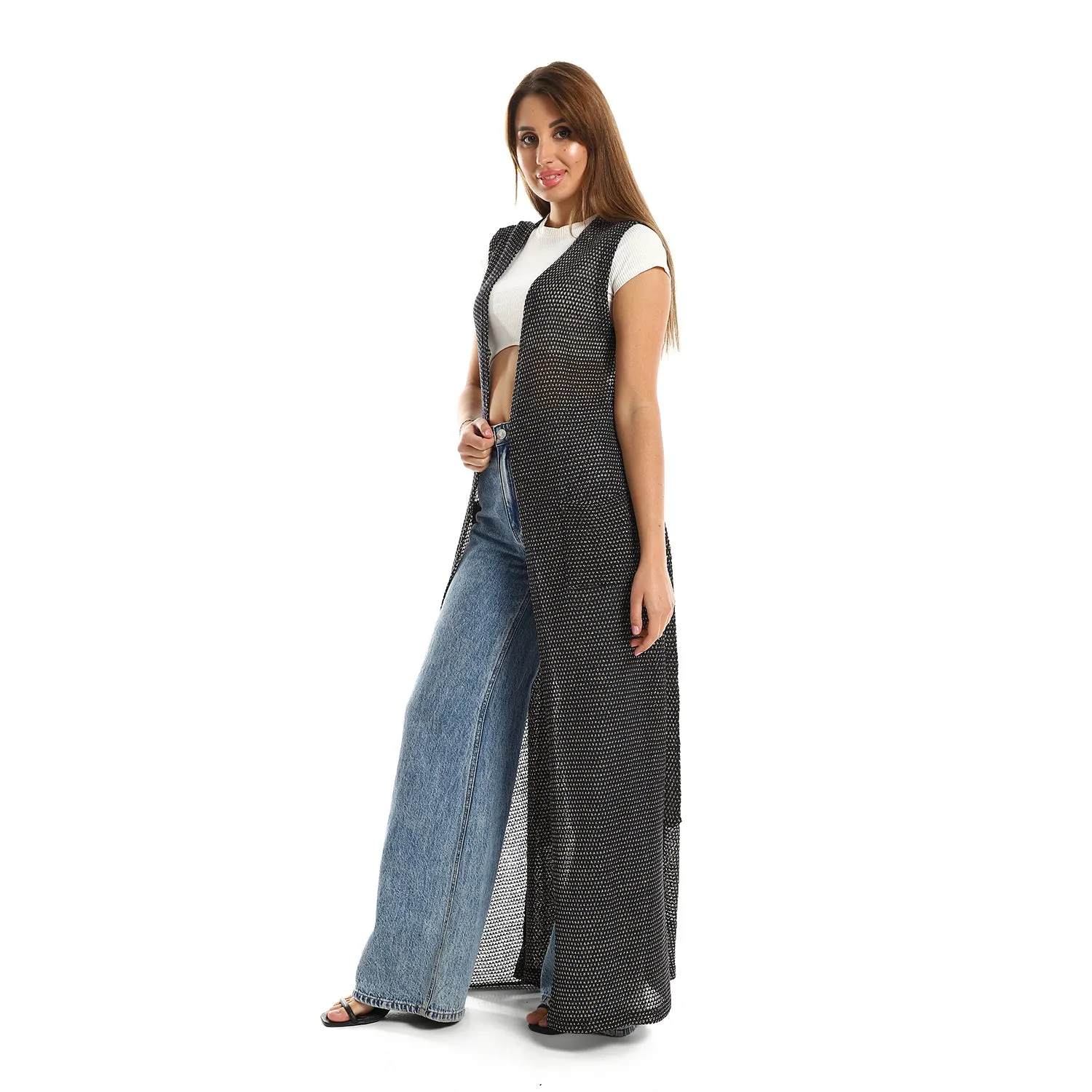 Sleeveles Perforated Long Cardigan - Kady