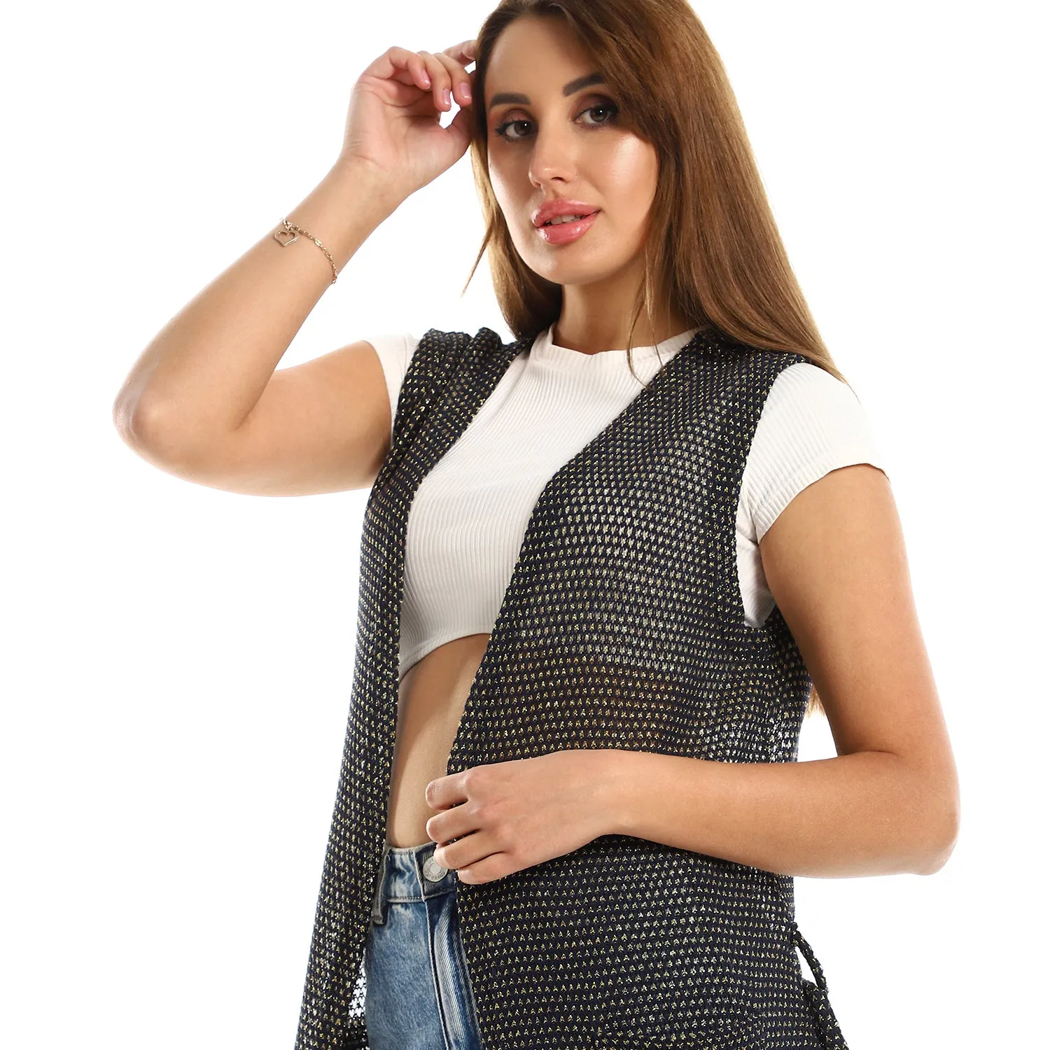 Sleeveles Perforated Long Cardigan - Kady