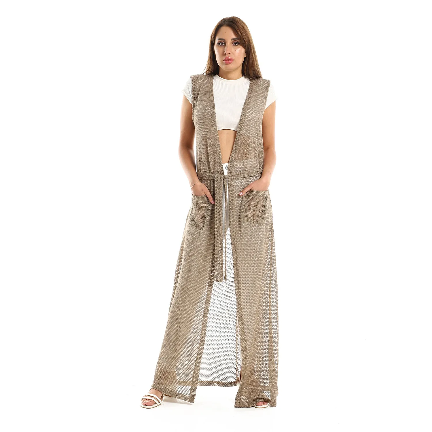 Sleeveles Perforated Long Cardigan - Kady