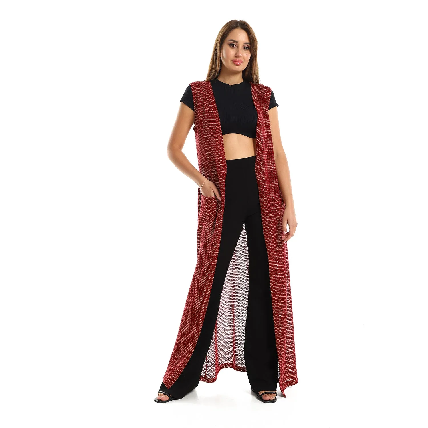 Sleeveles Perforated Long Cardigan - Kady