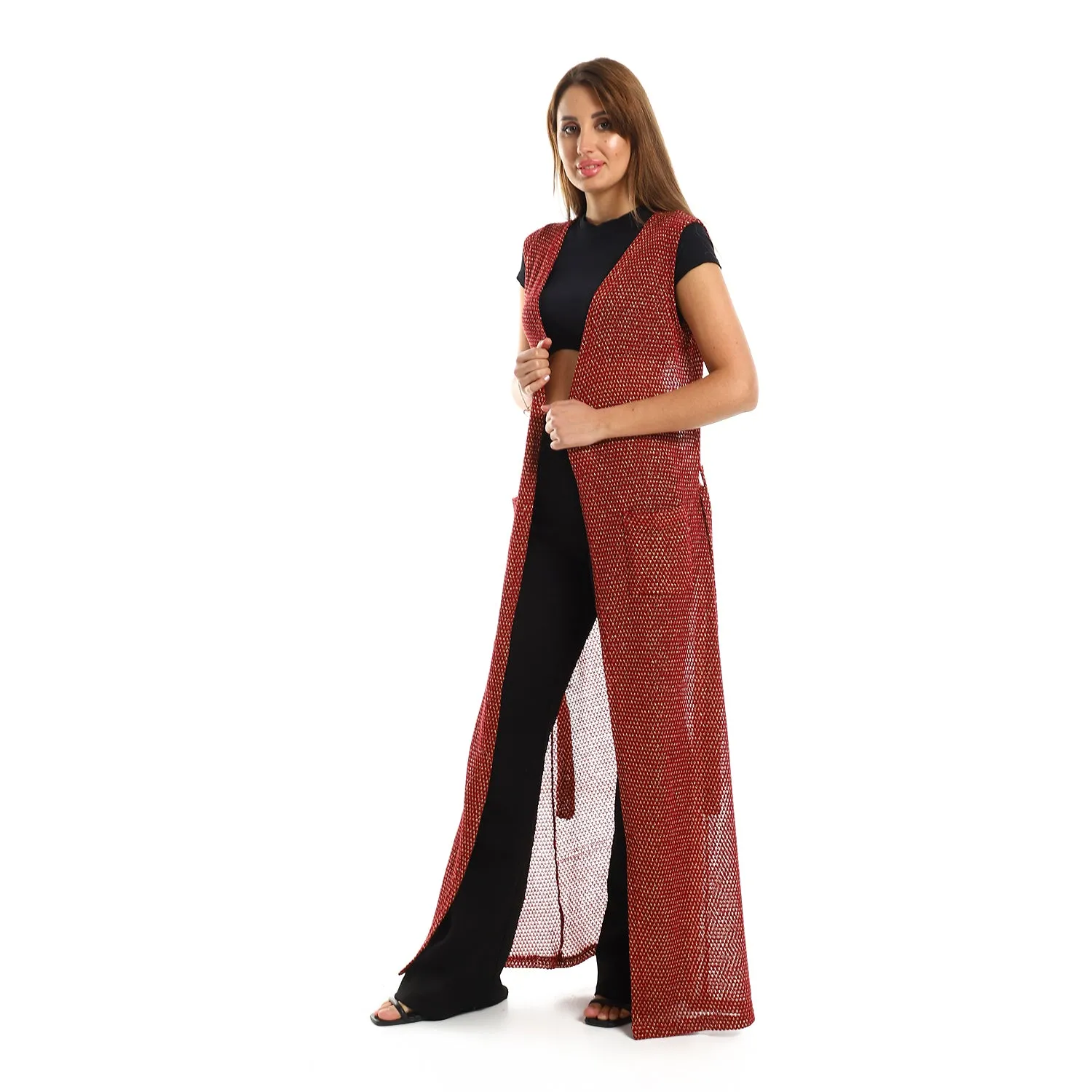 Sleeveles Perforated Long Cardigan - Kady