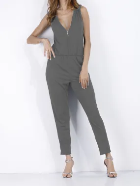 Sleeveless Zipper V-neck Solid Jumpsuit