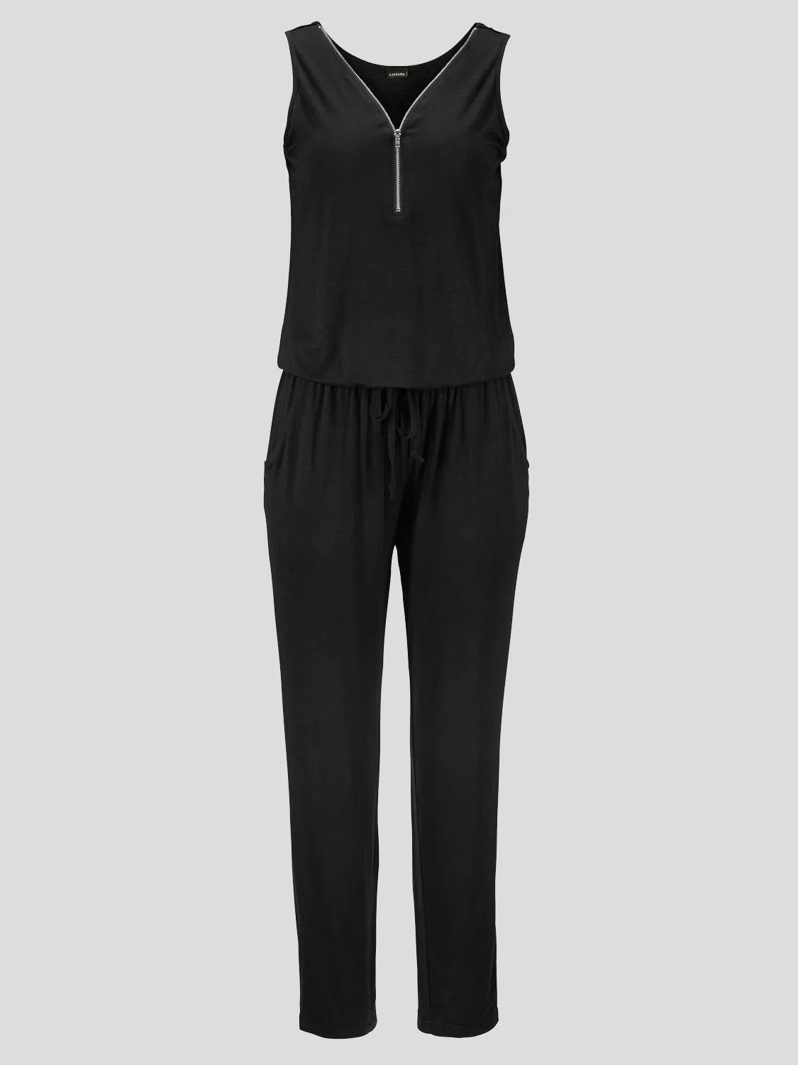 Sleeveless Zipper V-neck Solid Jumpsuit