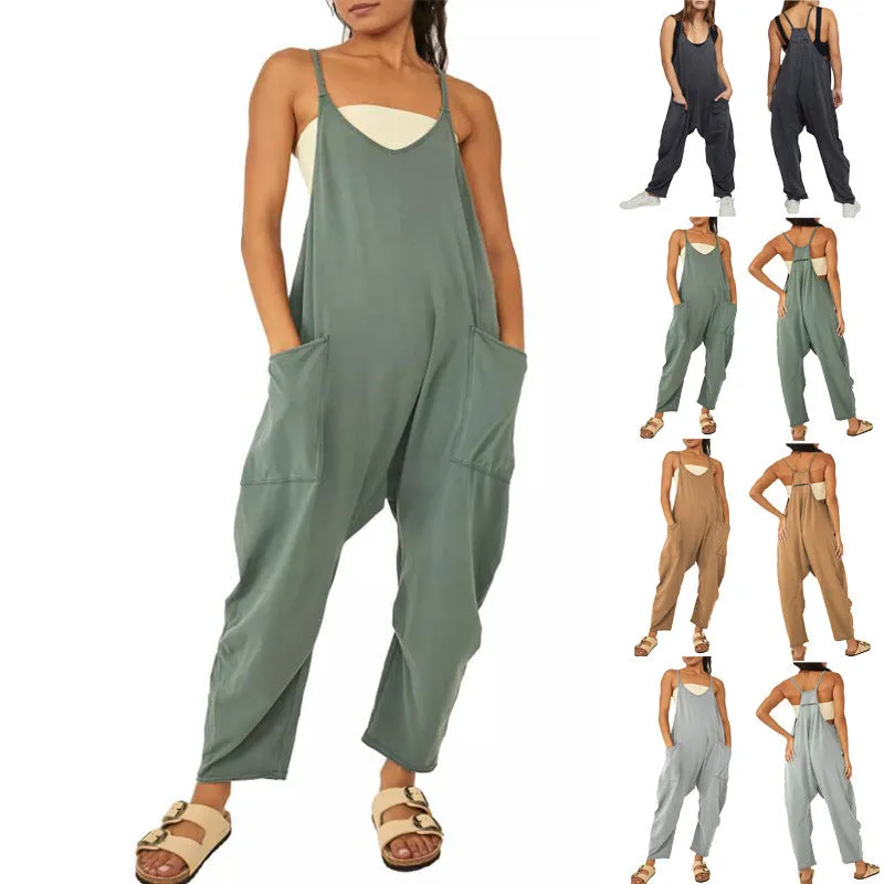 Spaghetti Strap Long Pant Romper Jumpsuit With Pockets Zipper