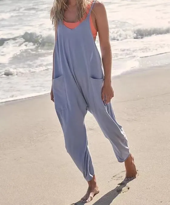 Spaghetti Strap Long Pant Romper Jumpsuit With Pockets Zipper