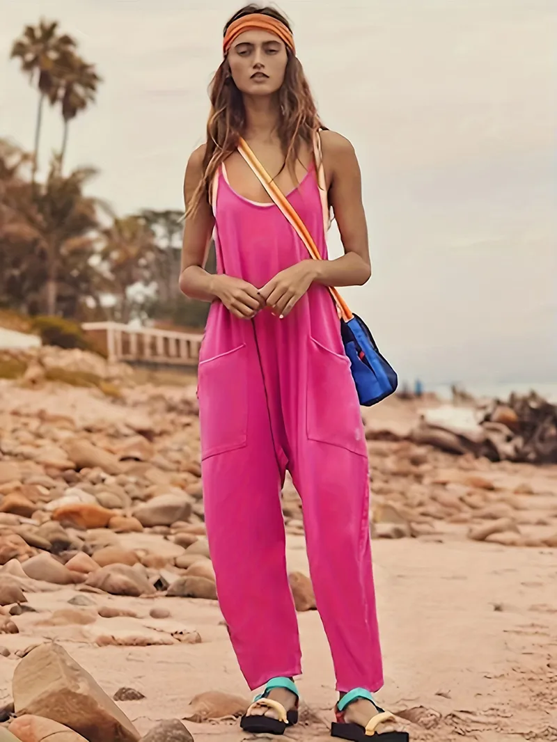 Spaghetti Strap Long Pant Romper Jumpsuit With Pockets Zipper